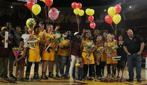 ASU women's basketball's senior class poses for pictures with family members&nbsp;after Senior Day on Sunday, Feb. 21, 2016, at Wells Fargo Arena in Tempe.