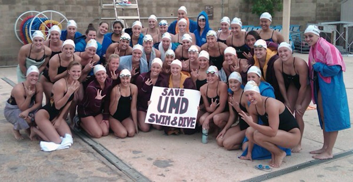 KEEPING MARYLAND AFLOAT: The ASU and UCLA women’s swim teams pose together for a photo after their swim meet on Friday. The two teams joined many other schools across the nation in a movement to protest the University of Maryland’s action to cut the Terrapins’ swim and dive program. (Photo courtesy of Trevor Ransdell)