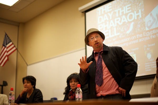 Dr. David Pickus, an Honors Faculty Fellow at Barrett, the Honors College, discusses unrest across the Middle East during "The Day the Pharaoh Fell," a panelist discussion on the Egyptian revolution. (Photo by Michael Arellano)