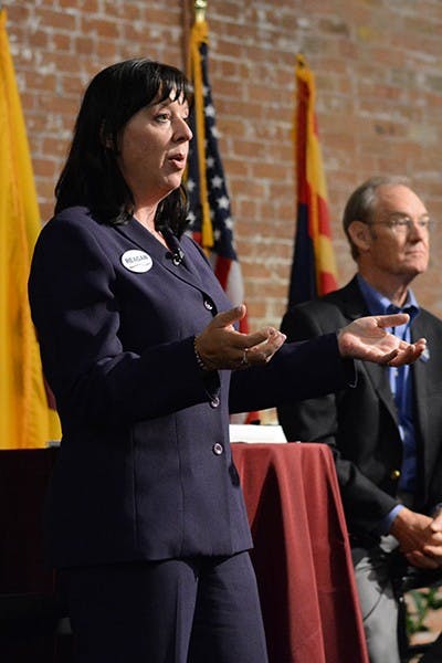 Republican candidate Michele Reagan and Democratic candidate Terry Goddard debate in A.E. England on Thursday, Sept. 16, 2014. The debate was part of Civic Action Night at the Downtown Campus. (Photo by Jonathan Williams)