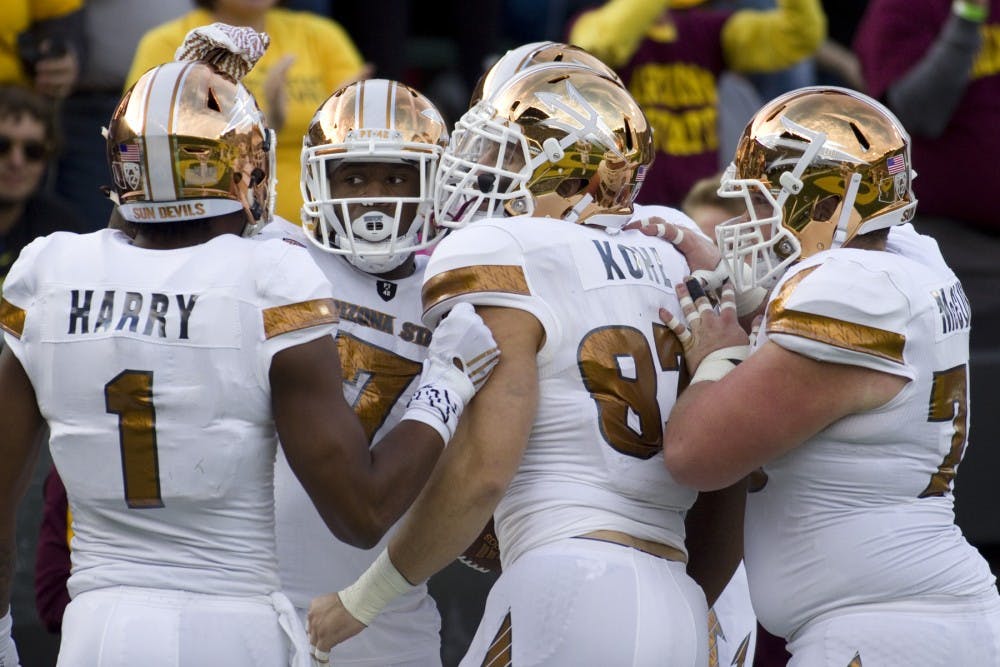 ASU junior running back Kalen Ballage (7) celebates with the rest of the offense after scoring a touchdown in the second half of a 54-35 loss versus the Oregon Ducks in Autzen Stadium in Eugene, Oregon, on Saturday, Oct. 29, 2016. 