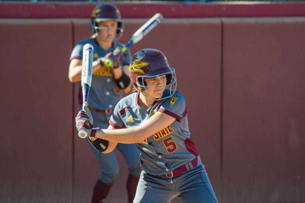Senior outfielder Jennifer Soria  waits for her pitch during the first of two games for the Sun  Devils on Sunday, Feb. 14, 2016, at Farrington Stadium in Tempe.