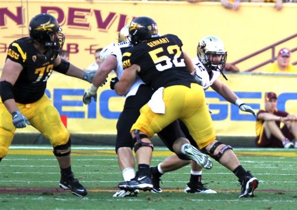FAMILY MAN: ASU redshirt senior offensive linemen Garth Gerhart blocks off a Colorado pass rusher during the Sun Devils’ 48-18 victory over the Buffaloes. California-based players like Gerhart are expecting many of their friends and families to be in attendance at Saturday’s game at UCLA. (Photo by Lisa Bartoli) 