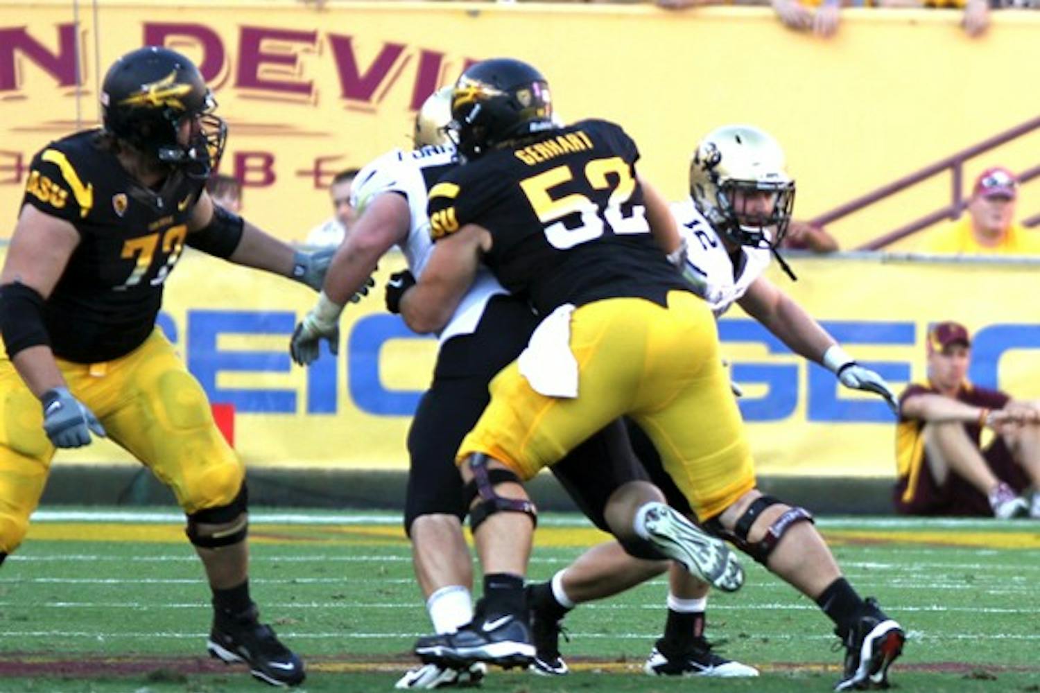 FAMILY MAN: ASU redshirt senior offensive linemen Garth Gerhart blocks off a Colorado pass rusher during the Sun Devils’ 48-18 victory over the Buffaloes. California-based players like Gerhart are expecting many of their friends and families to be in attendance at Saturday’s game at UCLA. (Photo by Lisa Bartoli) 