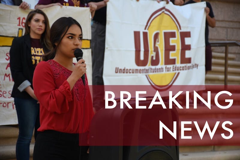 ASU freshman Jocelyn Lopez gives a speech regarding DACA recipients receiving in-state tuition outside the Arizona Supreme Court on Monday, April 2, 2018.