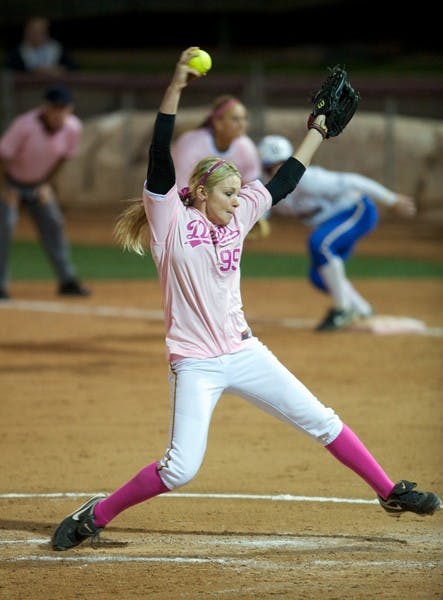 Cleaning up: ASU redshirt freshman Mackenzie Popescue pushes off the rubber during the Sun Devils’ win over UC Santa Barbara on March 26. ASU is looking to cut out the little mistakes when they take on Oregon this weekend. (Photo by Michael Arellano)