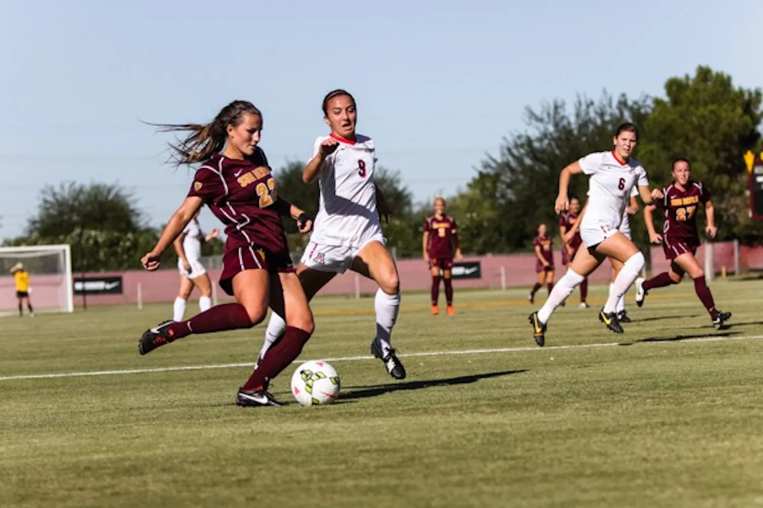 Freshman defender Madison Stark slots home the winning goal inside the 18 yard box during the ASU vs Arizona soccer game on Friday, Nov. 7, 2014. Her strike helped seal a 1-0 Sun Devil victory. (Photo by Daniel Kwon)