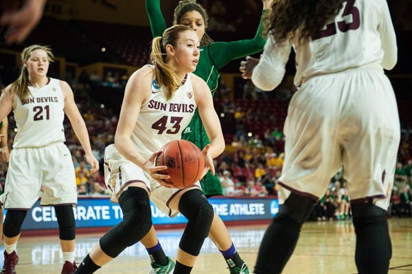 Redshirt junior guard Eliza Normen pulls down a rebound against Ohio University in the first round of the NCAA women's tournament on Saturday, March 21, 2015, at Wells Fargo Arena in Tempe. The Sun Devils defeated the Bobcats 74-55. (Ben Moffat/The State Press)