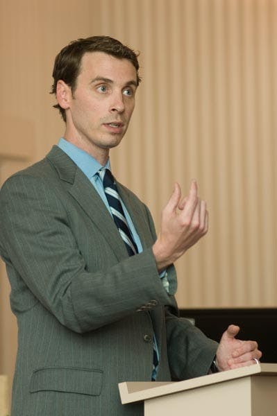 QUAYLE MAN: District three Republican congressional candidate Ben Qualye spoke Thursday night at Grady Gammage Memorial Auditorium. Hosted by the College Republicans, Quayle spoke about the nation's economy and answered audience questions. (Photo by Aaron Lavinksy)