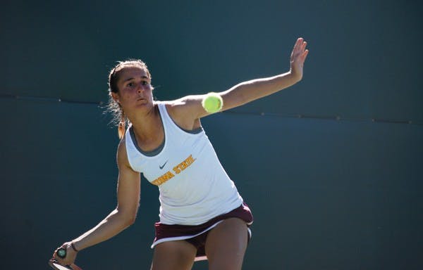 Freshman Stephanie Vlad returns a ball during the Sun Devils' meet vs. St. Mary's on March 2. Vlad may return to play in ASU's final home meet against rival UA after missing the last six meets due to a knee injury. (Photo by Murphy Bannerman)