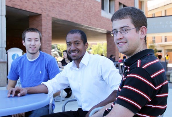 FINAL LEG: Student CTO Tim Johnsen (right) and CIO Jeremy Ellens (left) from Ellen's Technologies, along with CEO David Metoyer (Center) from ReNature Inc. are in the finals for a GLOBAL entrepreneurship award. (Photo by Rosie Gochnour)