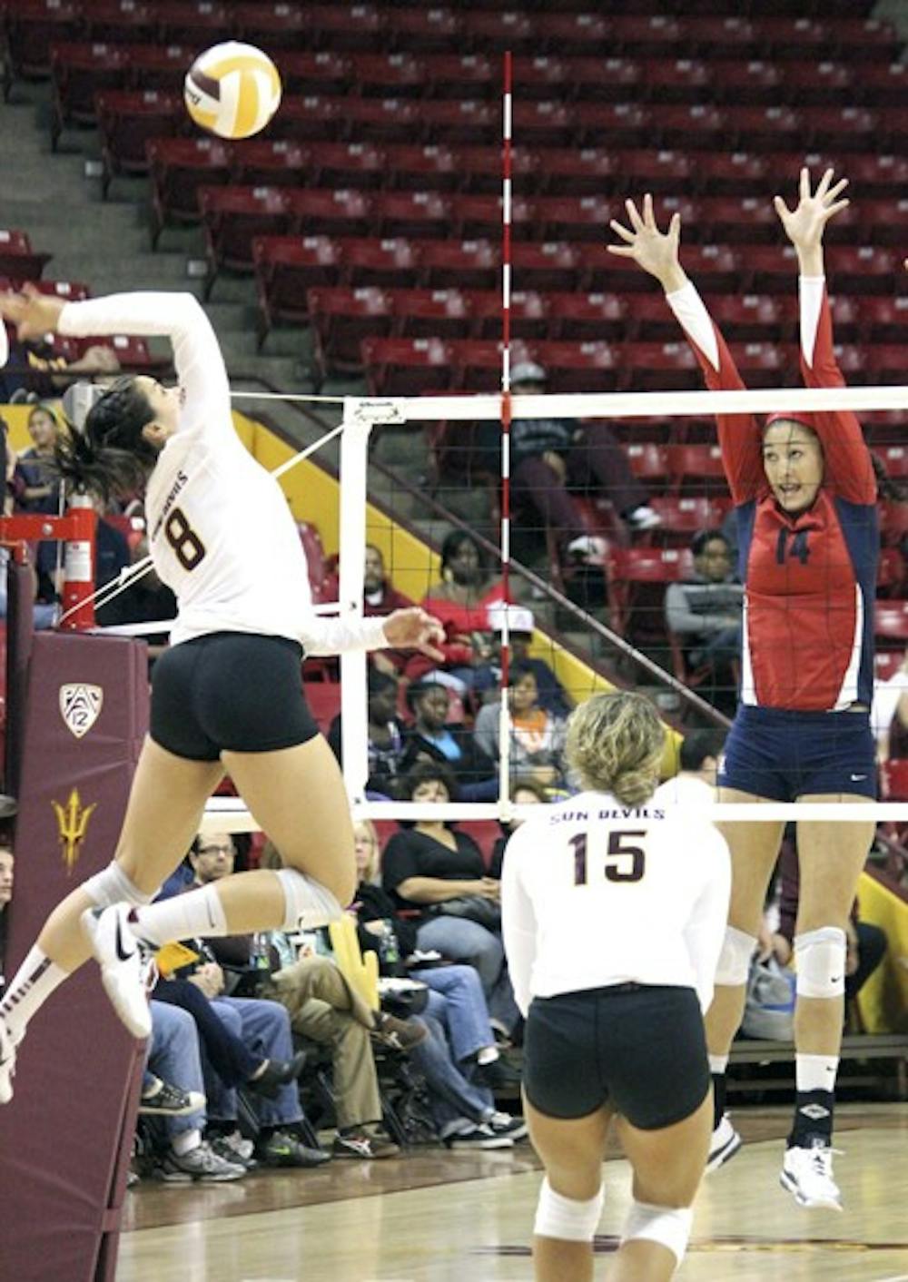 ASU outside hitter Malia Bachynski (left) extends for a spike during the Sun Devils’ 3-1 victory over UA on Saturday. The ASU volleyball team concludes the 2011 season at 9-22. (Photo by Sam Rosenbaum)