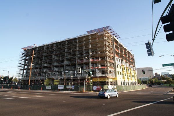 A new apartment building is being built near ASU's Downtown campus on Fourth and Roosevelt Streets.  (Photo by Shelby Bernstein)