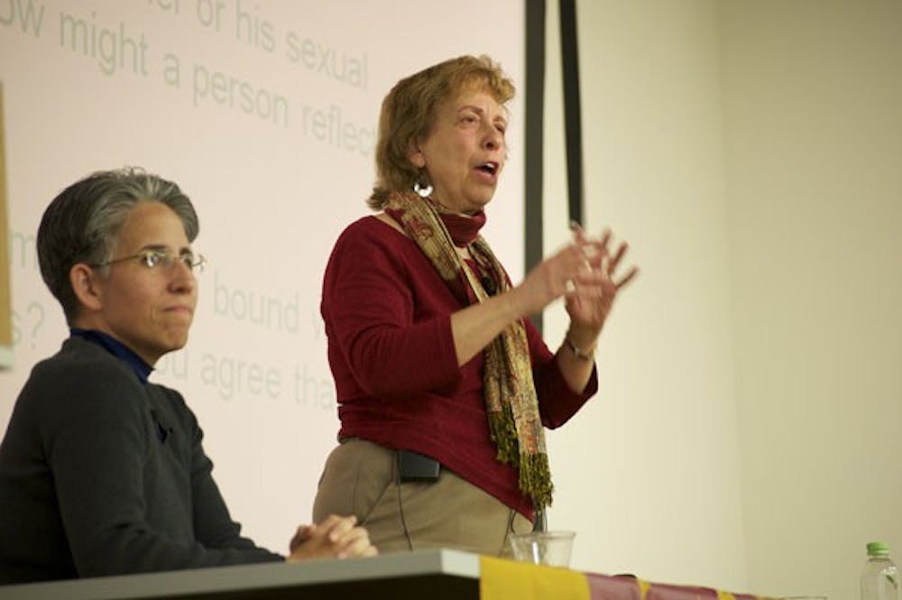 MORAL SEXUALITY: Jacqueline Martinez, communications professor at ASU, and Grace Galliano. a social psychology and human sexuality faculty associate, talk about human sexuality and is connection to morality in society. (Photo by Molly J. Smith)