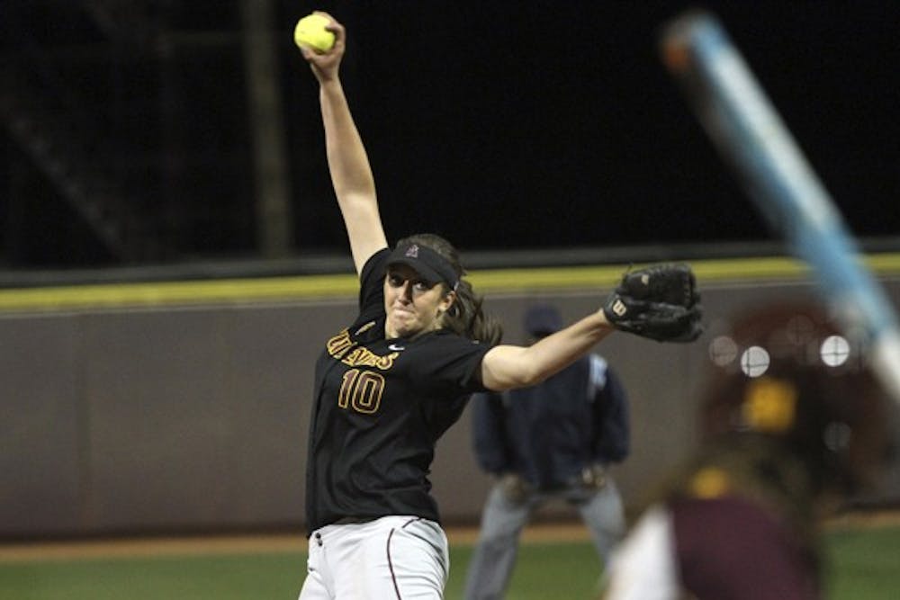 Hillary Bach throws a pitch in the Littlewood Classic on Feb. 17. Bach is one of three seniors leading the way for the Sun Devils this season. (Photo by Sam Rosenbaum)