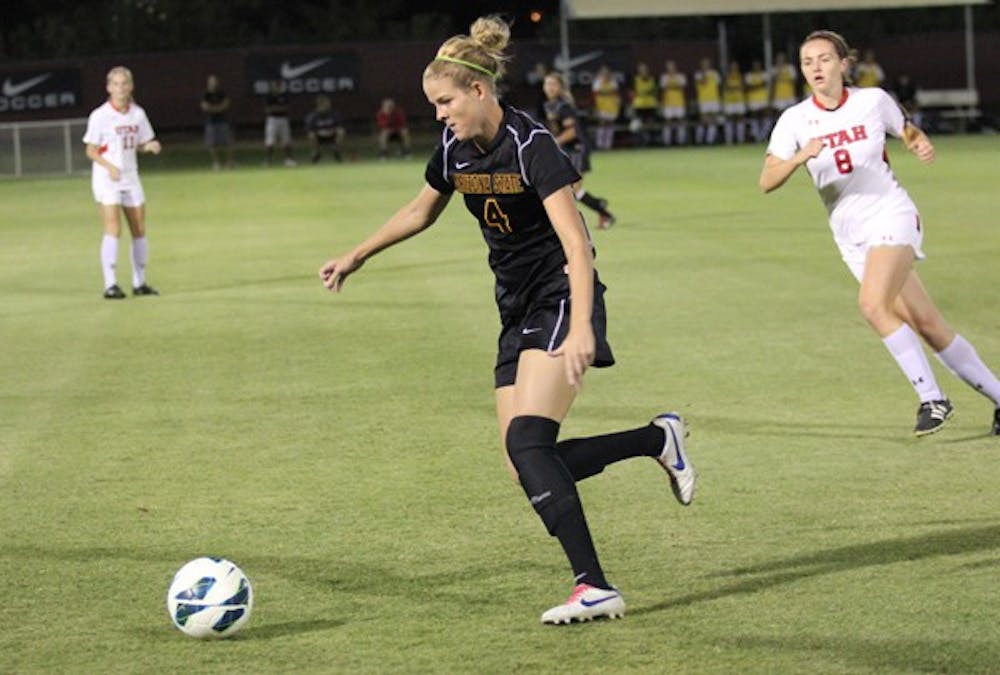 Junior midfielder Devin Marshall (4) handles the ball downfield during the Sun Devils’ 4-1 win over Utah on Thursday. (Photo by Kyle Newman)
