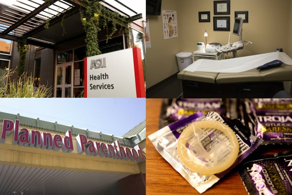 ASU Health Services building on the Tempe campus (upper left), inside the Choices Pregnancy Center (top right), outside of the Tempe Planned Parenthood building (bottom left), an illustration of Trojan condoms (bottom right).&nbsp;