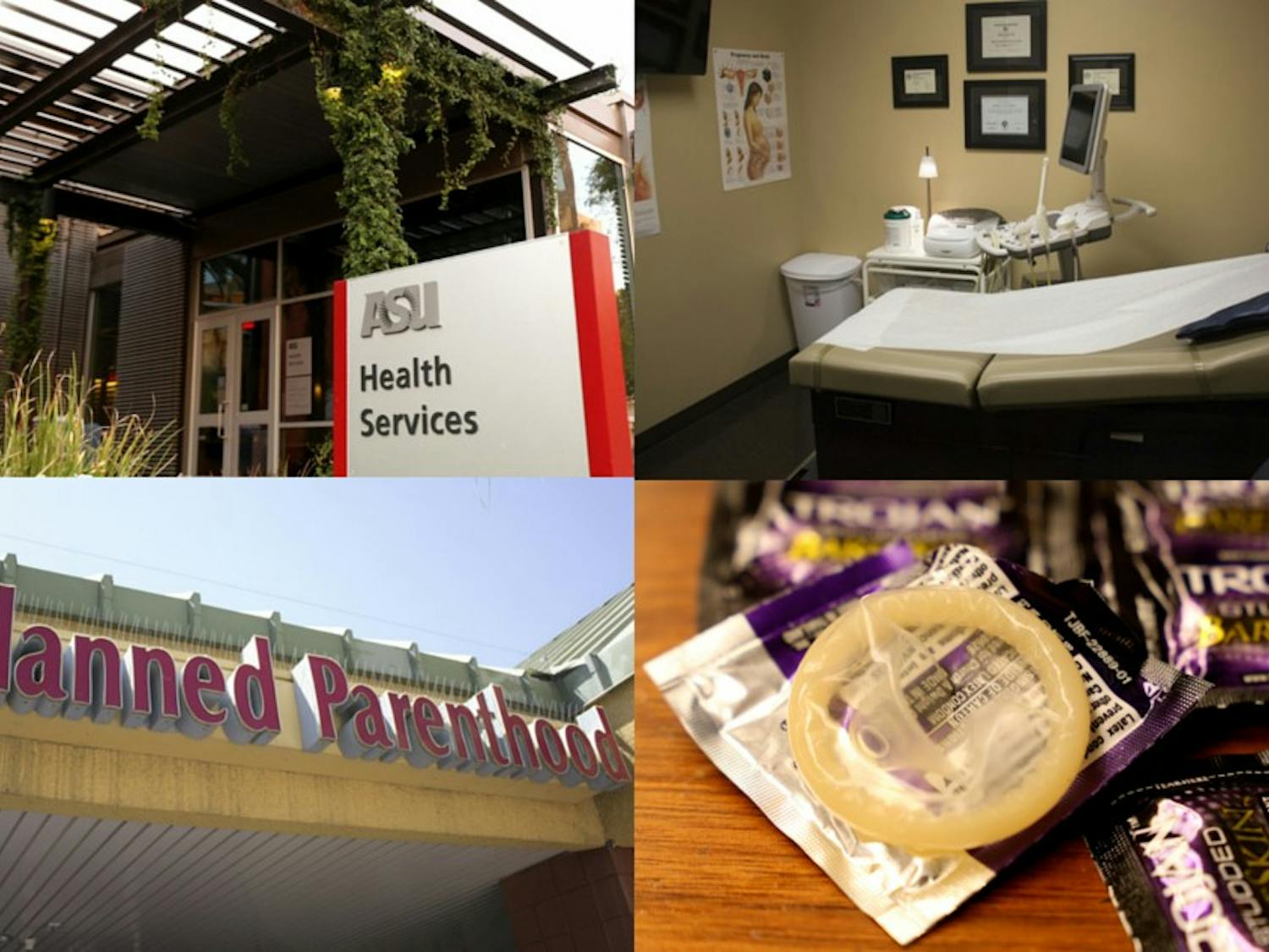 ASU Health Services building on the Tempe campus (upper left), inside the Choices Pregnancy Center (top right), outside of the Tempe Planned Parenthood building (bottom left), an illustration of Trojan condoms (bottom right).&nbsp;