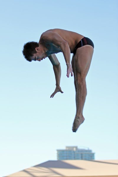 Cameron Bradshaw performs a dive in a meet against UA on Feb. 11. Bradshaw and three other members of the ASU men’s and women’s dive teams will compete in the NCAA Zone E Championships on Thursday. (Photo by Lisa Bartoli)
