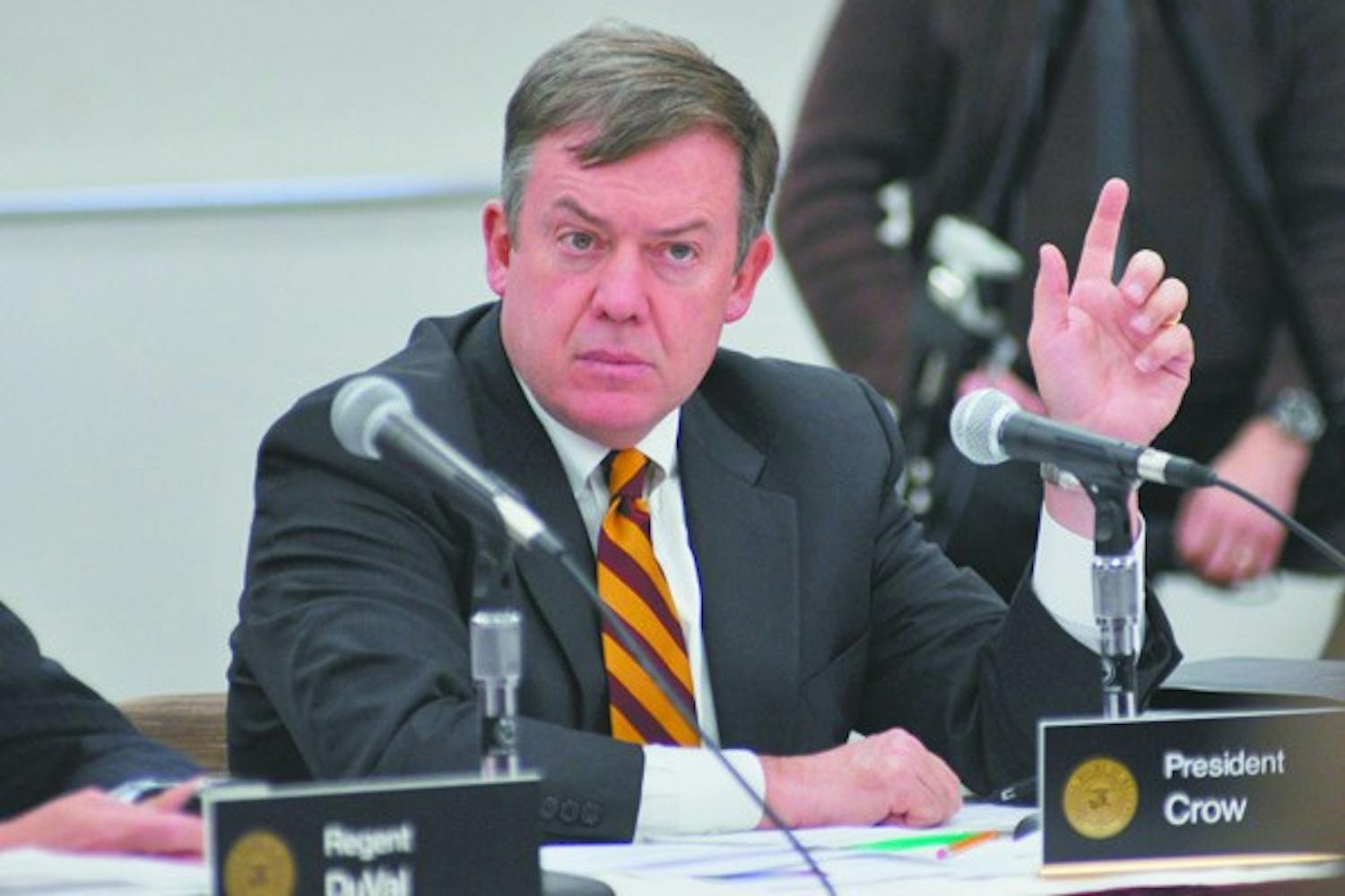 REGENTS ON CAMPUS: ASU President Michael Crow speaks at the Arizona Board of Regents meeting that took place at the Memorial Union on Thursday and Friday. The meeting covered a wide range of issues, from concealed weapons on campus to changes in tuition.  (Photo by Sierra Smith)