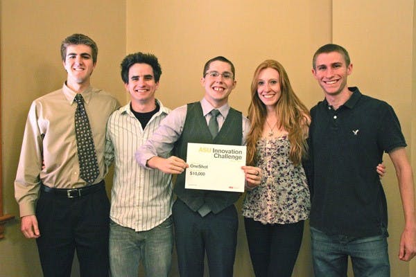 ONESHOT: The winners of the ASU Innovation Challenge and creators of OneShot celebrate upon receiving a $10,000 grant. (Photo by Rosie Gochnour)