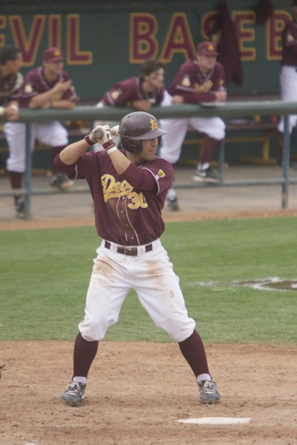 The Little Things: ASU junior infielder Riccio Torrez awaits the pitch against Delaware on Feb. 26. After scoring just one run in ten hits against Cal State Bakersfield on Thursday, the Sun Devils capitalized on scoring opportunities to win the next three games. (Photo by Scott Stuk)