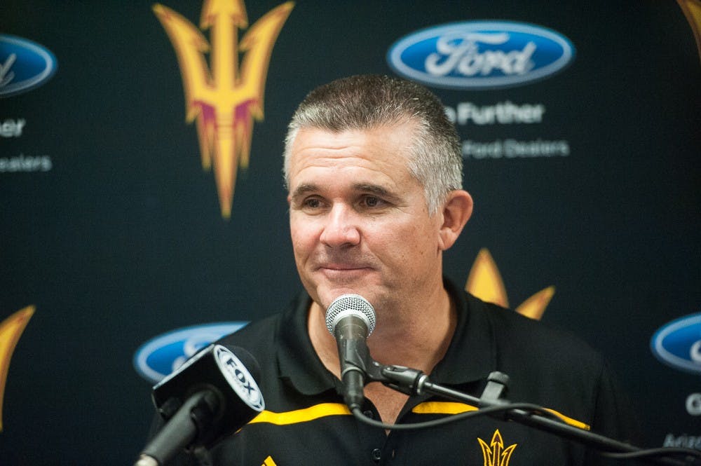 Head coach Todd Graham speaks at a press conference after a game against UCLA on Saturday, Oct. 3, 2015, at Rose Bowl Stadium in Pasadena, Calif. The Sun Devils defeated the UCLA Bruins 38-23.