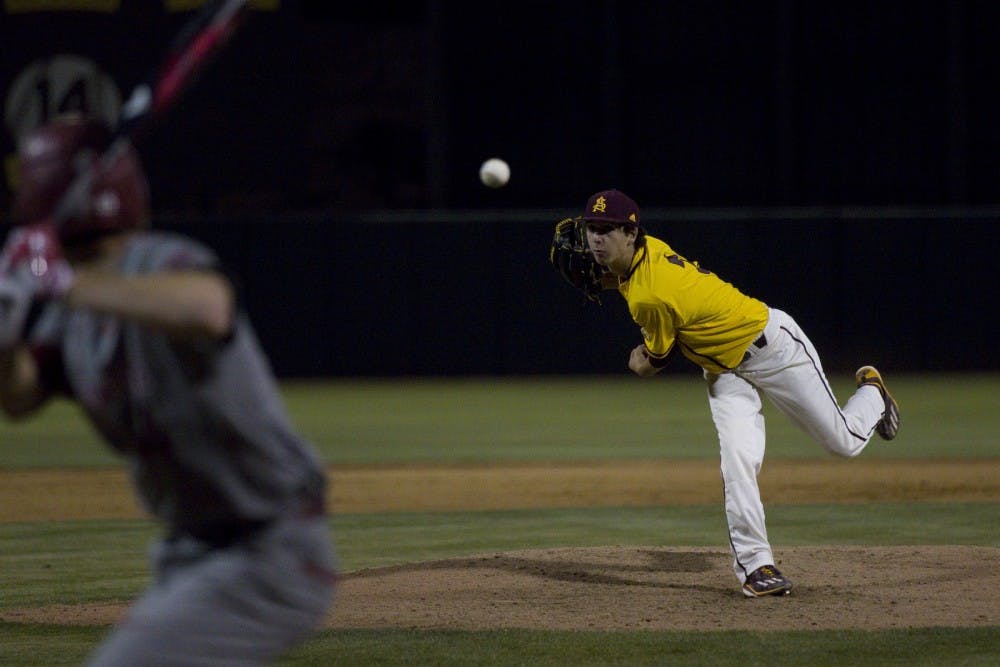 ASU freshman pitcher Chaz Montoya (3) delivers a strike to a Washington State hitter during game one of a three game baseball series versus the Washington State Cougars at Phoenix Municipal Stadium in Phoenix on Thursday, April 13, 2017. ASU won 6-5.