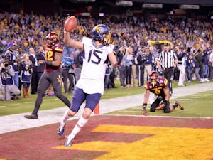 Freshman David Sills, in at&nbsp;wide receiver,  scores WVU's final touchdown during the 2016 Motel 6 Cactus Bowl. The Mountaineers wins over ASU 43 - 42 at Chase Field in Phoenix, AZ.