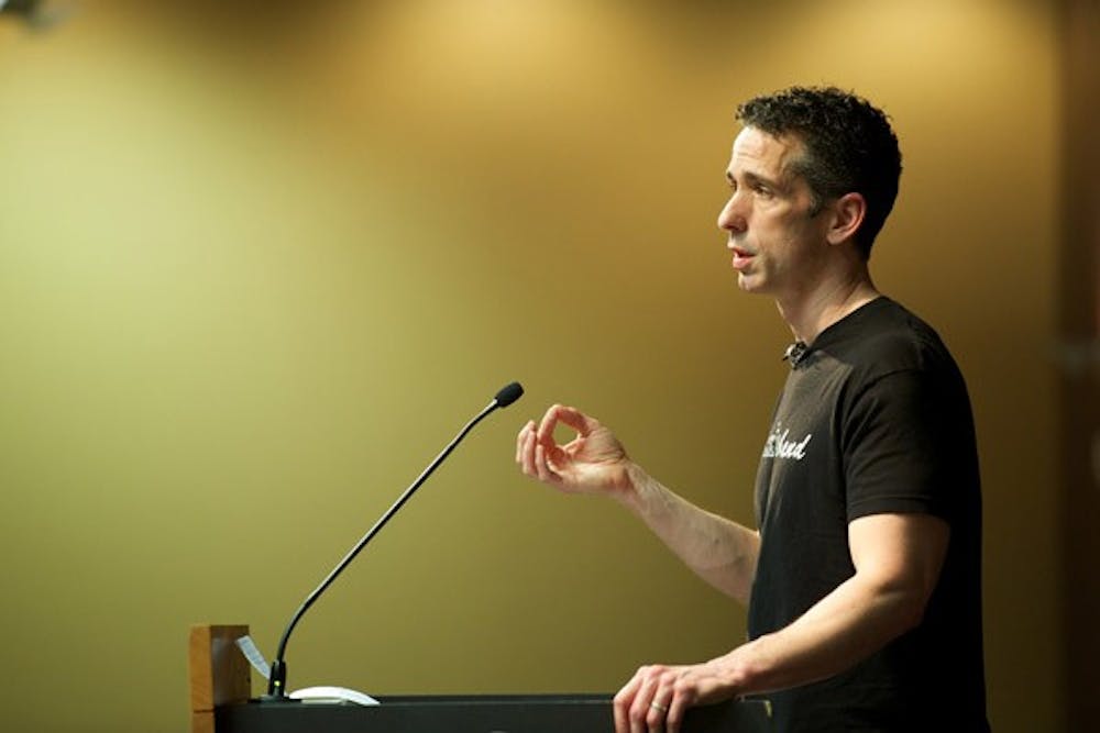 IT GETS BETTER: Dan Savage, a prominent activist for the LGBTQ community and co-founder of the “It Gets Better Project” for gay and transgender youth, speaks to a crowd of ASU students in the Memorial Union. Conceived and launched in September 2010 as a response to gay teen suicides, “It Gets Better” features user-submitted YouTube messages of hope for LGBTQ youth. (Photo by Michael Arellano)