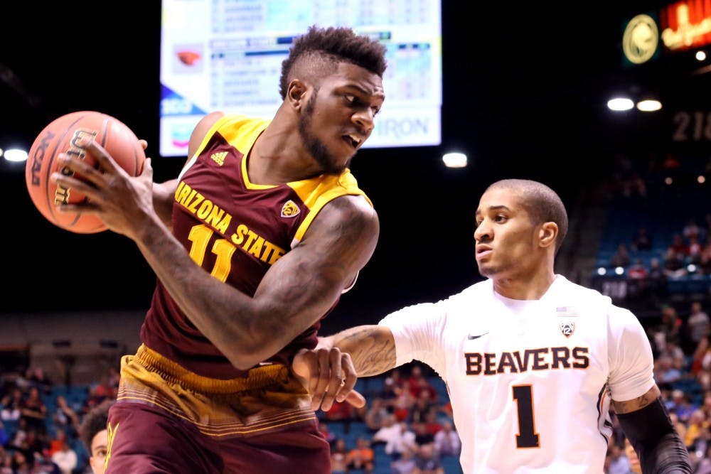 Junior forward&nbsp;Savon Goodman backs down Gary Payton II&nbsp;during the first round of the Pac-12 Tournament on Wednesday, March 9, 2016, at MGM Grand Garden Arena&nbsp;in Las Vegas, Nevada. ASU men's basketball lost 75-66.