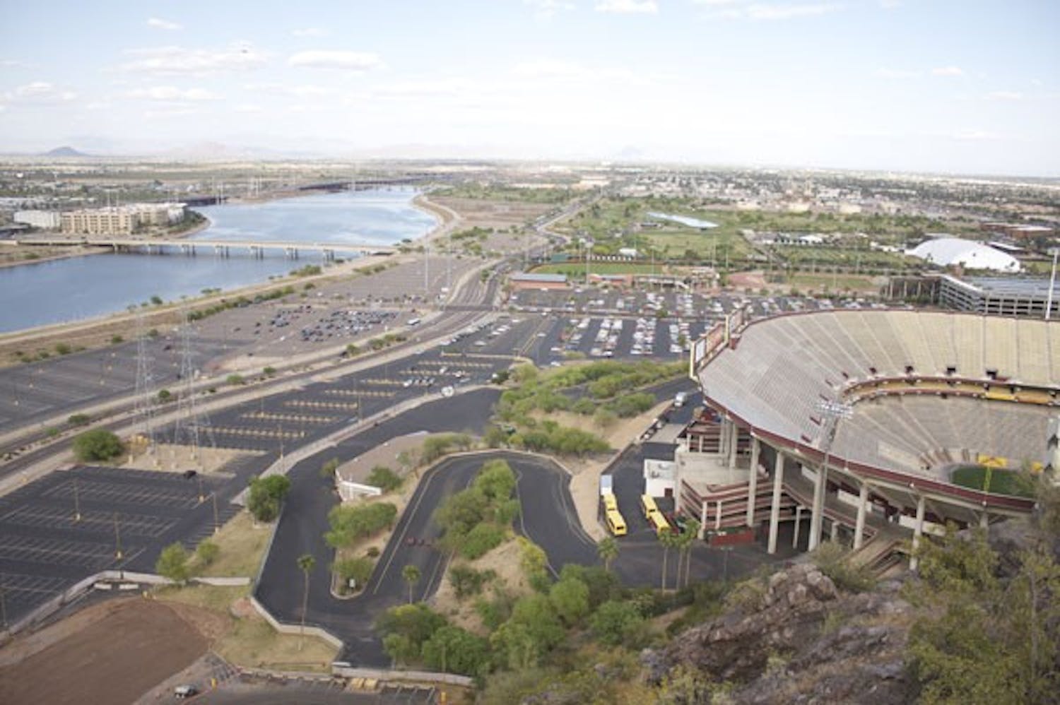 KING OF THE MOUNTAIN: A look at Lot 59 and Tempe Town Lake as seen from the top of "A" Mountain. (Photo by Scott Stuk)