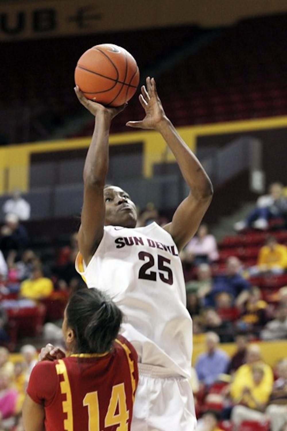 Kimberly Brandon shoots against USC in a Jan. 5 game at Wells Fargo Arena. Brandon finished with 20 points as the Sun Devils beat Colorado at home.  (Photo by Sam Rosenbaum)