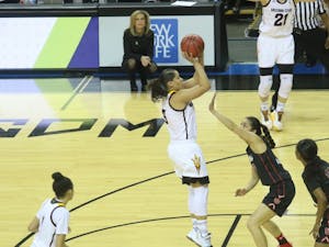 ASU women's basketball sophomore guard Sabrina Haines shoots over a defender during the first round of the Pac-12 Tournament on March 3 in Seattle. The Sun Devils won the game 72-54.