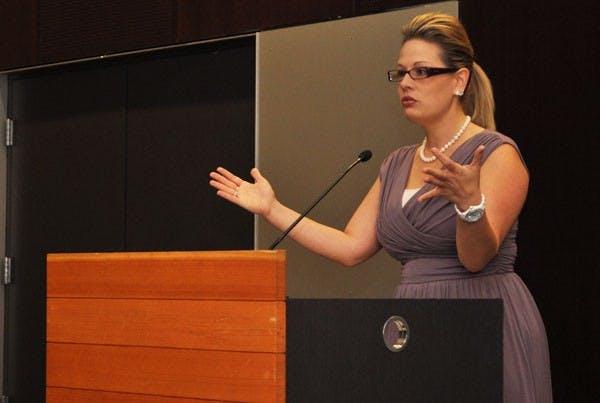 Kyrsten Sinema introduces herself during an open forum in the Memorial Union at the Tempe campus Thursday night. Sinema is running for Congress in Arizona's 9th Congressional District. (Photo by Danielle Gregory)