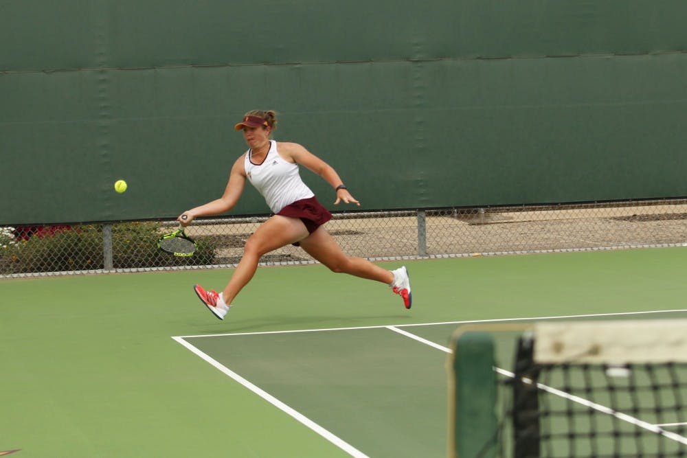 ASU senior Gussie O’Sullivan competes in a singles match versus UNLA at the Whiteman Tennis Center in Tempe, Arizona on Wednesday, March 22, 2017. 