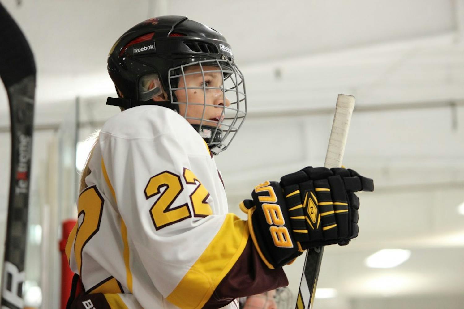 ASU women's hockey junior forward Amber Galles looks on from the bench during a game against the Anaheim Lady Ducks at Oceanside Ice Arena on Sept. 24, 2016.