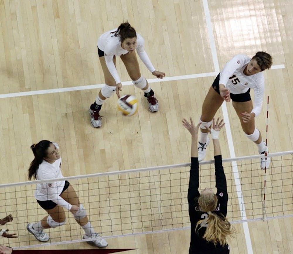 EMPTY-HANDED: ASU redshirt sophomore Ashley Kastl drills a spike during the Sun Devils’ 3-1 loss to Stanford on Oct. 22. The Sun Devils were unable to pull out a victory during their Washington road trip, despite playing No. 10 UW to five sets. (Photo by Beth Easterbrook)
