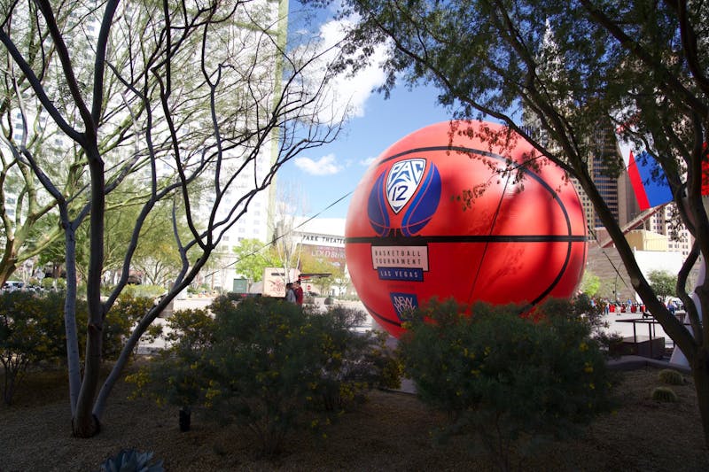 An inflatable basketball with the Pac-12 logo is displayed outside the T-Mobile Arena on Wednesday, March 11, 2020, in Las Vegas.
