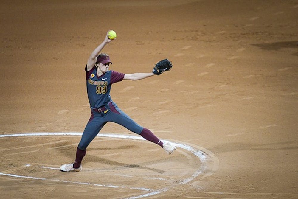 Freshman pitcher Breanna Macha opens the second game in a Saturday doubleheader on Saturday, Feb. 21, 2015. Macha and relief pitcher Jenna Makis shut out the Indiana State Sycamores in a 14-0 blowout victory. (J. Bauer-Leffler/The State Press)