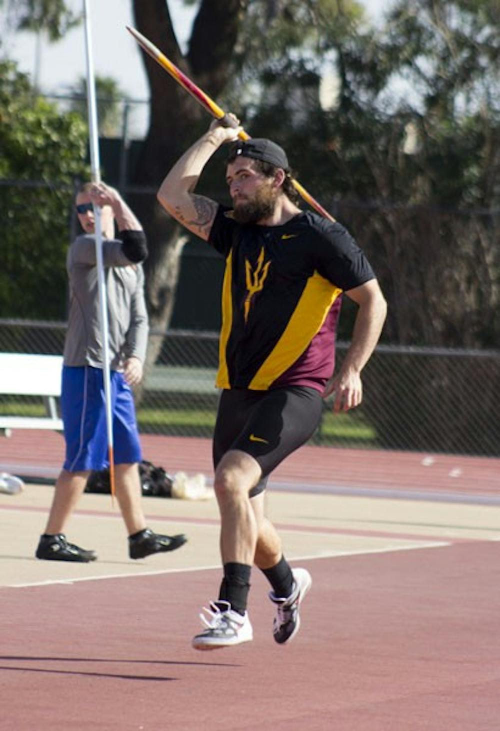 Senior thrower Eddie McClain gets set for a javelin throw during the ASU Invitational on March 23. McClain is part of a cohesive throwers unit whose bond has created success on the ASU track and field program. (Photo by Ana Ramirez)