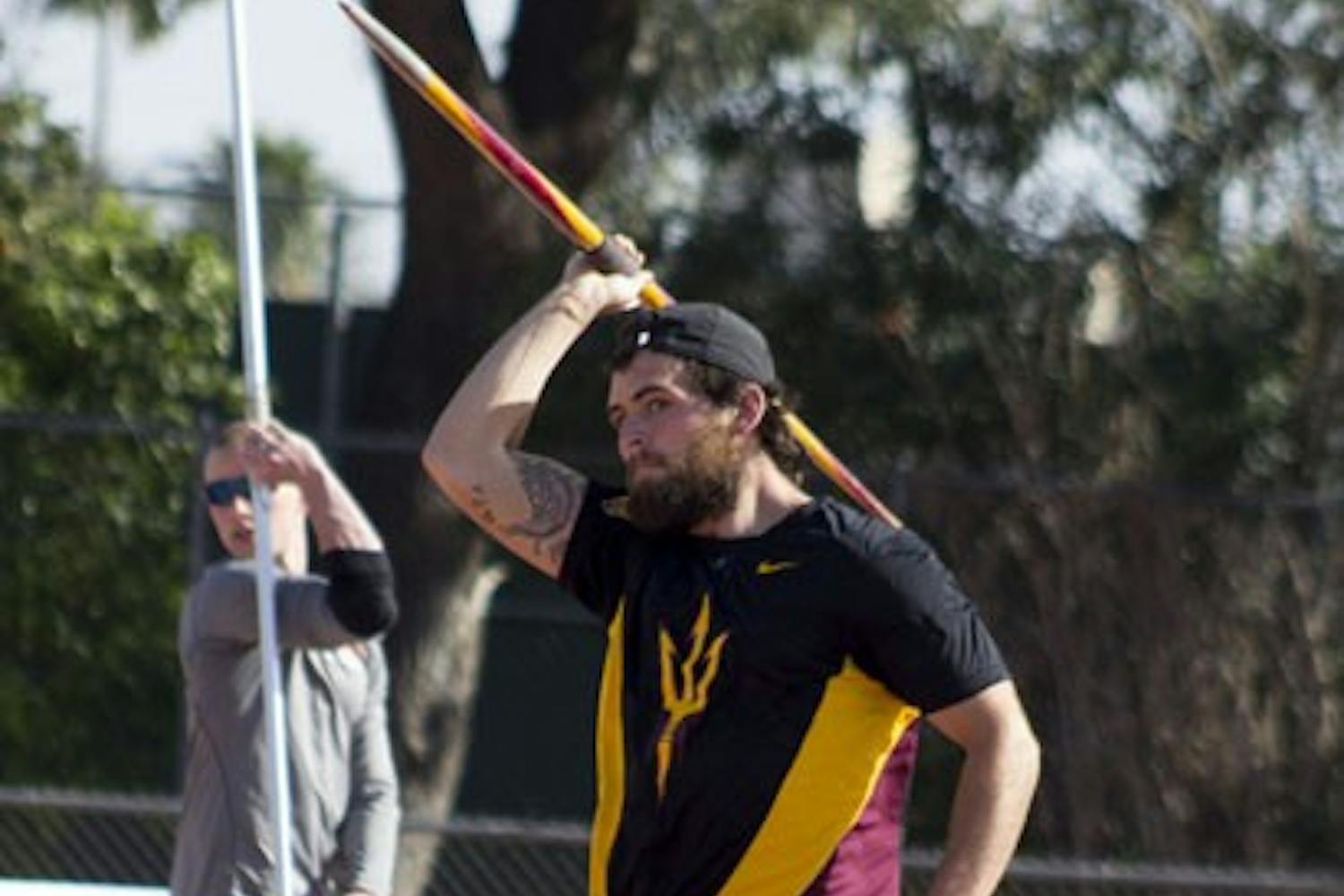 Senior thrower Eddie McClain gets set for a javelin throw during the ASU Invitational on March 23. McClain is part of a cohesive throwers unit whose bond has created success on the ASU track and field program. (Photo by Ana Ramirez)