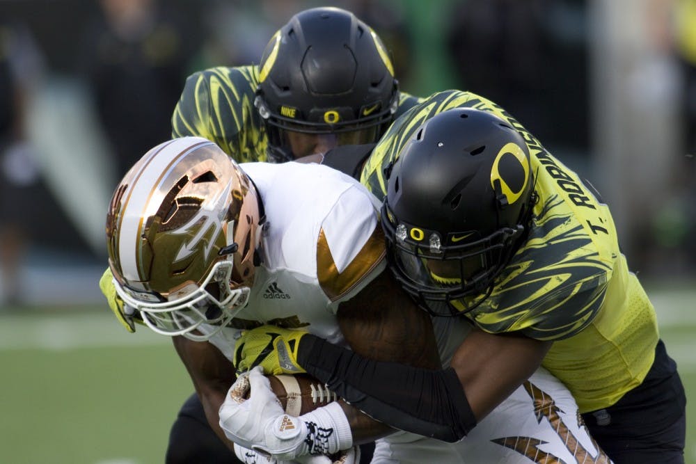 ASU freshman wide receiver N'Keal Harry (1) catches a pass in the second half of a 54-35 loss versus the Oregon Ducks in Autzen Stadium in Eugene, Oregon, on Saturday, Oct. 29, 2016. 