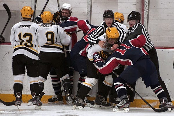 In the first period of Friday's game, ASU forward Eric Rivard and defender Gianni Mangone as well as UA’s forward Griffen Dyne and forward Mike Adamowicz received two minutes for roughing. ASU matches up against Arizona this weekend (Photo by Mario Mendez)
