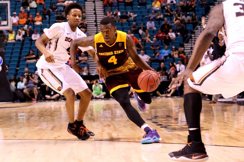 Senior guard Gerry Blakes drives to the rim against OSU during the first round of the Pac-12 Tournament on Wednesday, March 9, 2016, at MGM Grand Garden Arena in Las Vegas, Nevada. ASU men's basketball lost 75-66.