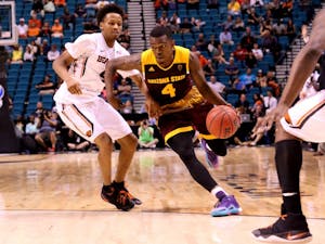 Senior guard Gerry Blakes drives to the rim against OSU during the first round of the Pac-12 Tournament on Wednesday, March 9, 2016, at MGM Grand Garden Arena in Las Vegas, Nevada. ASU men's basketball lost 75-66.