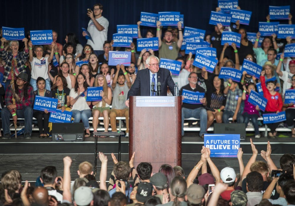 Presidential candidate Bernie Sanders speaks during his rally at the Phoenix Convention Center in Downtown Phoenix on Tuesday, March 15, 2016. 