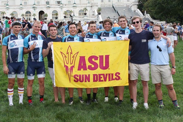 ASU's Pi Kappa Phi at the U.S. Capitol on August 2014 after six cyclists and one project manager cycled across the country for people with disabilities during an event known as the Journey of Hope. (Photo courtesy of Chris Dourov)