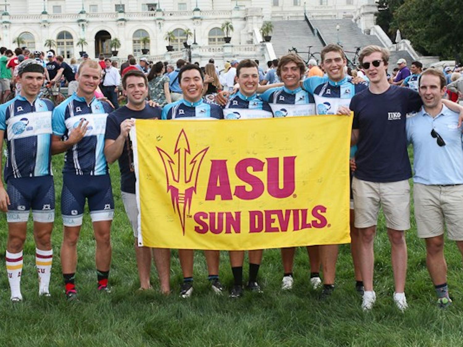 ASU's Pi Kappa Phi at the U.S. Capitol on August 2014 after six cyclists and one project manager cycled across the country for people with disabilities during an event known as the Journey of Hope. (Photo courtesy of Chris Dourov)