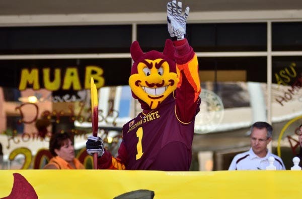 HOMECOMING GAME: Sparky made an appearance at the Pep Rally on the Tempe campus Thursday. The Sun Devils’ play Washington State Saturday in their Homecoming match. (Photo by Aaron Lavinsky)
